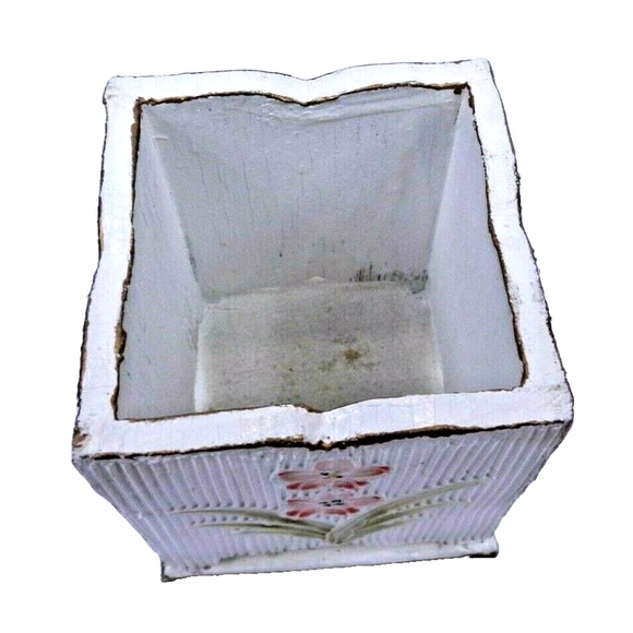 Vintage Square Wooden Hand Painted Storage Box Desk Organizer Ribbed Floral - Picture 2 of 4